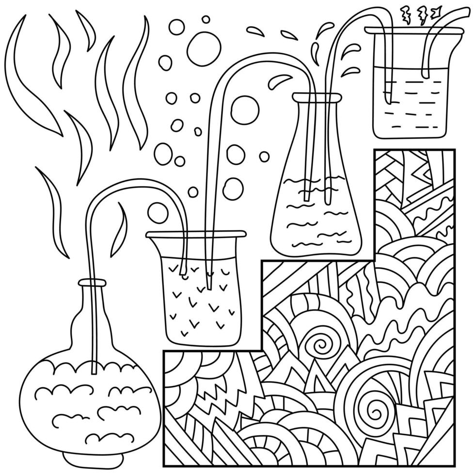 frascos com reação violenta, página para colorir de ciência anti-estresse com padrões zen e vidrarias de laboratório conectadas por tubos, vetor