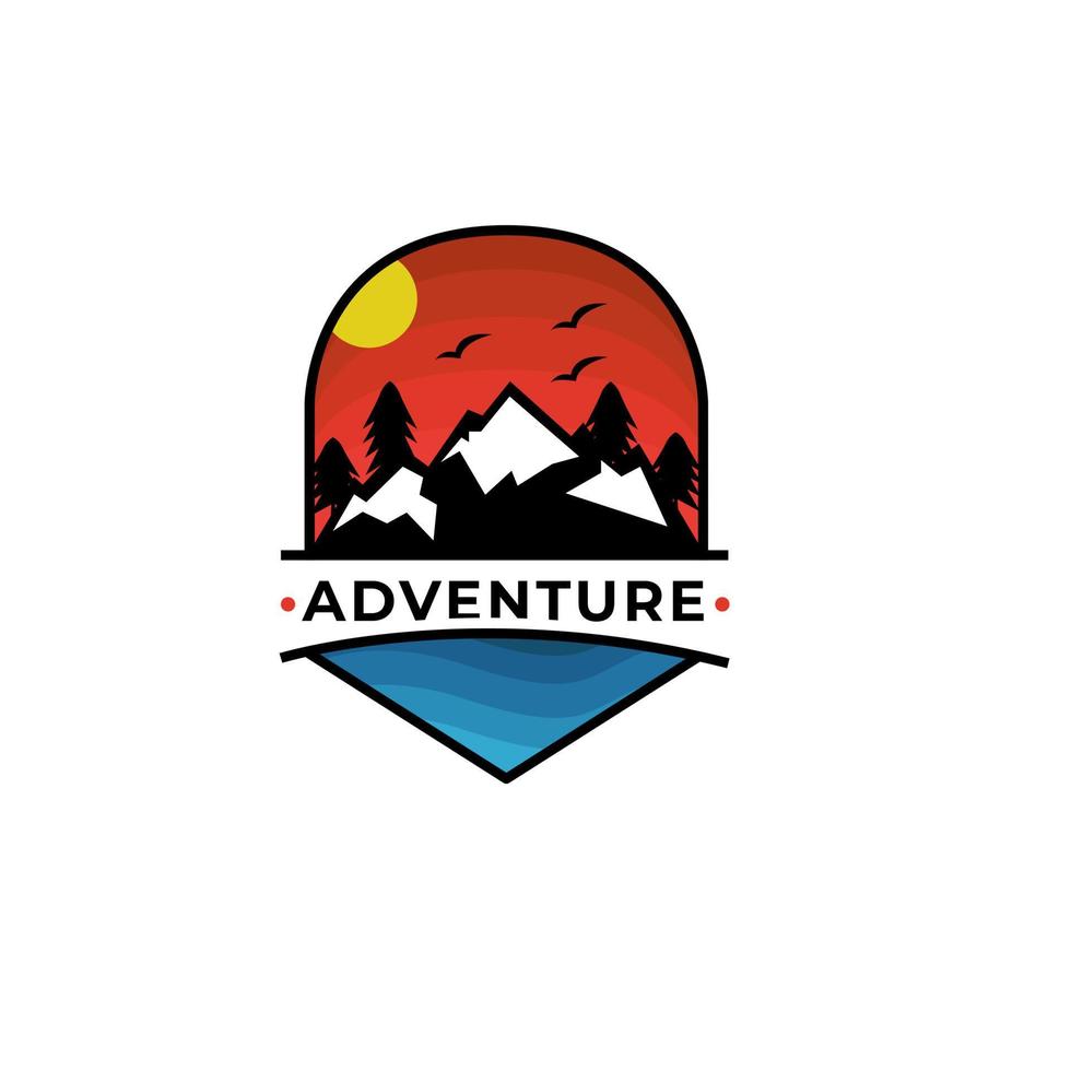 aventura design de logotipo vintage com pôr do sol na montanha vetor