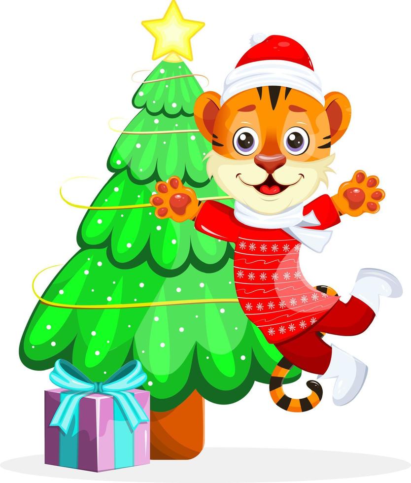 tigre fofo e feliz com caixa de presente e árvore de Natal verde. natal e ano novo vetor