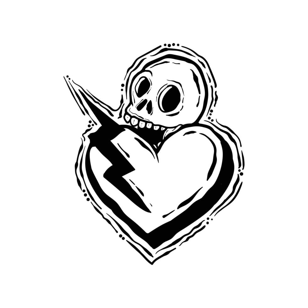 crânio amor trovão preto e branco com ilustração em vetor estilo desenhado à mão