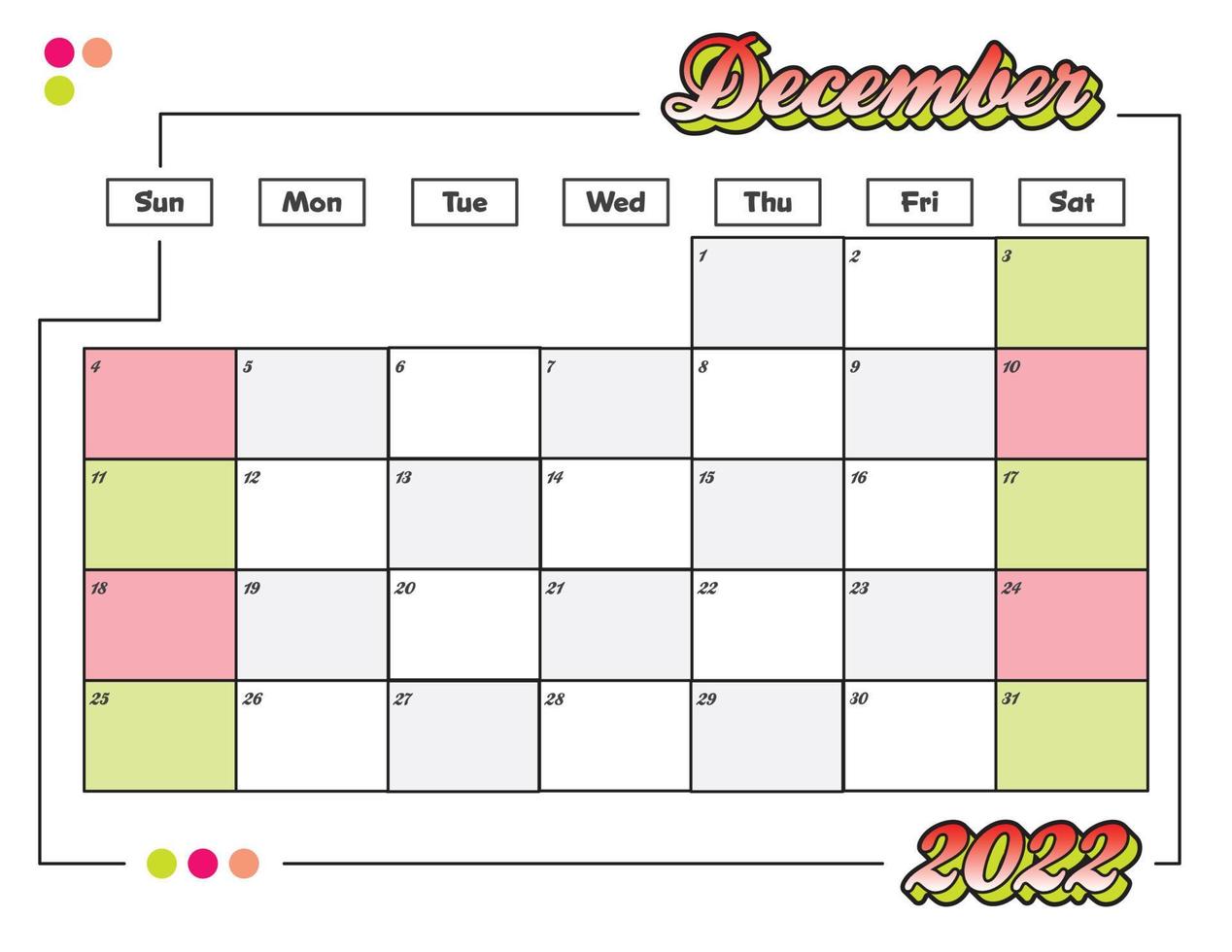planejador de calendário mensal colorido de dezembro colorido bonito 2022 para impressão vetor