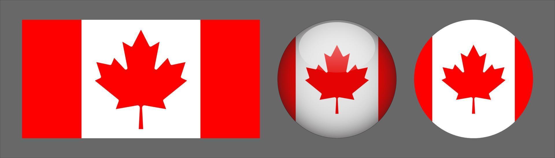 coleção de conjunto de bandeiras do Canadá, proporção de tamanho original, 3D arredondado e plano arredondado vetor