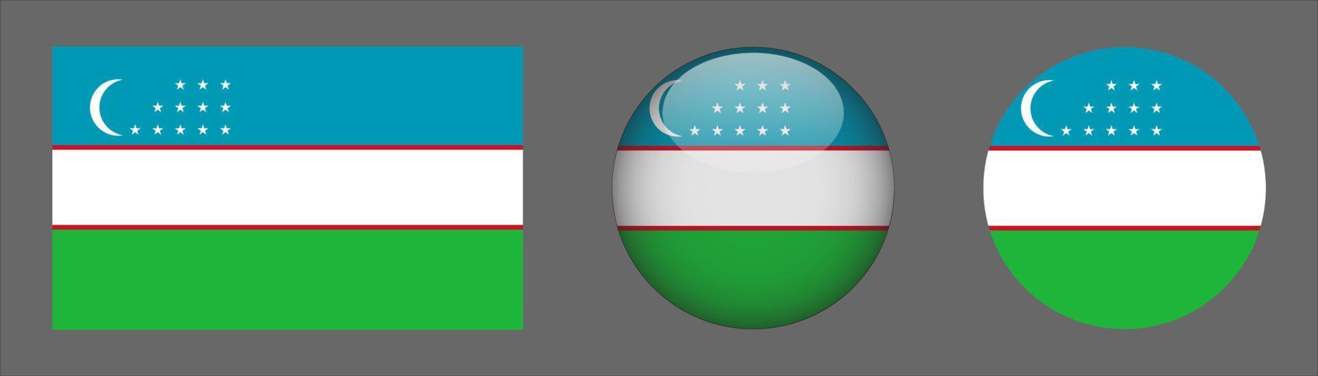 Coleção do conjunto de bandeiras do uzbequistão, proporção do tamanho original, 3D arredondado, plano arredondado. vetor