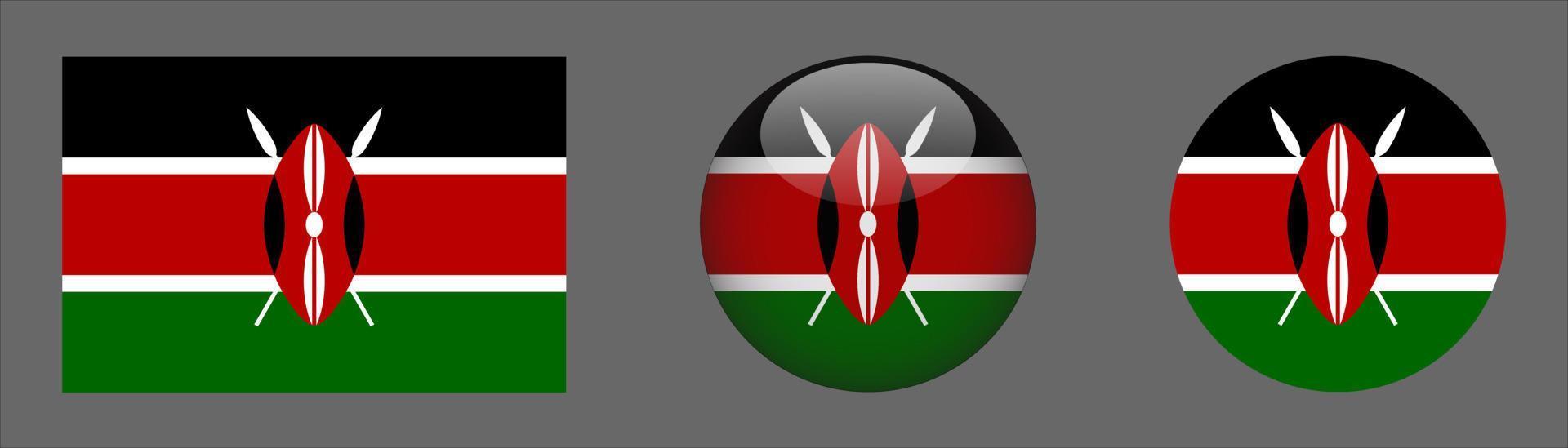 coleção do conjunto de bandeiras do Quênia, proporção do tamanho original, 3D arredondado e plano arredondado vetor