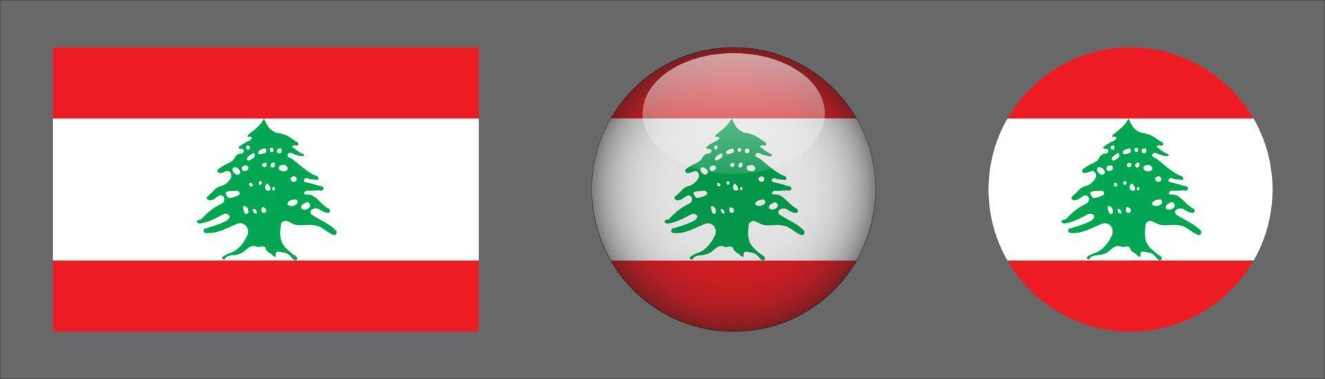 coleção de conjunto de bandeiras do Líbano, proporção de tamanho original, 3D arredondado e plano arredondado vetor