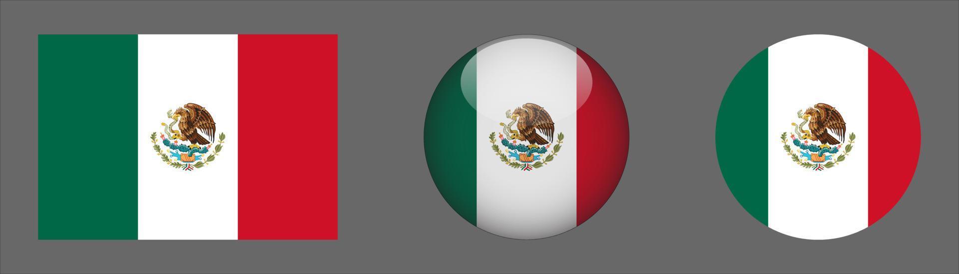 coleção do conjunto de bandeira do méxico, proporção do tamanho original, 3d arredondado e arredondado plano. vetor