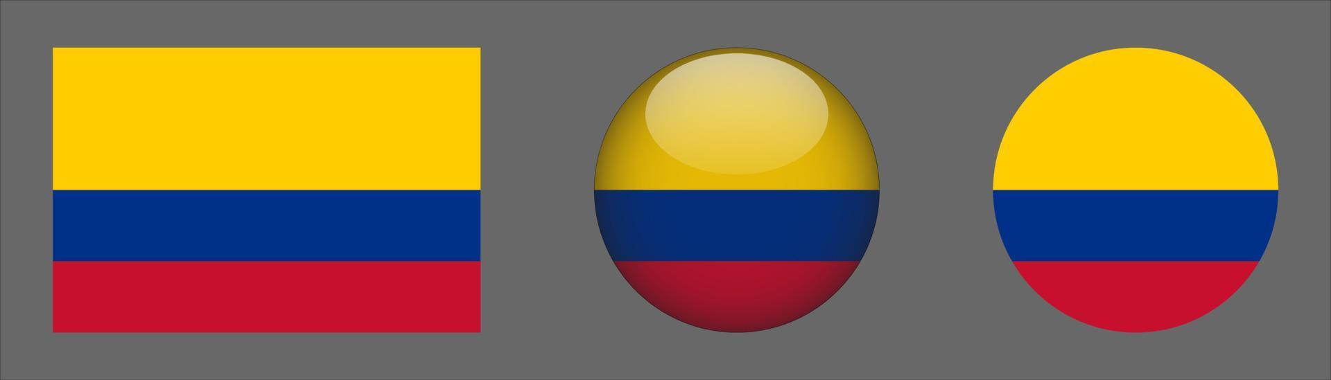 coleção de conjunto de bandeiras da Colômbia, proporção de tamanho original, 3D arredondado e plano arredondado vetor