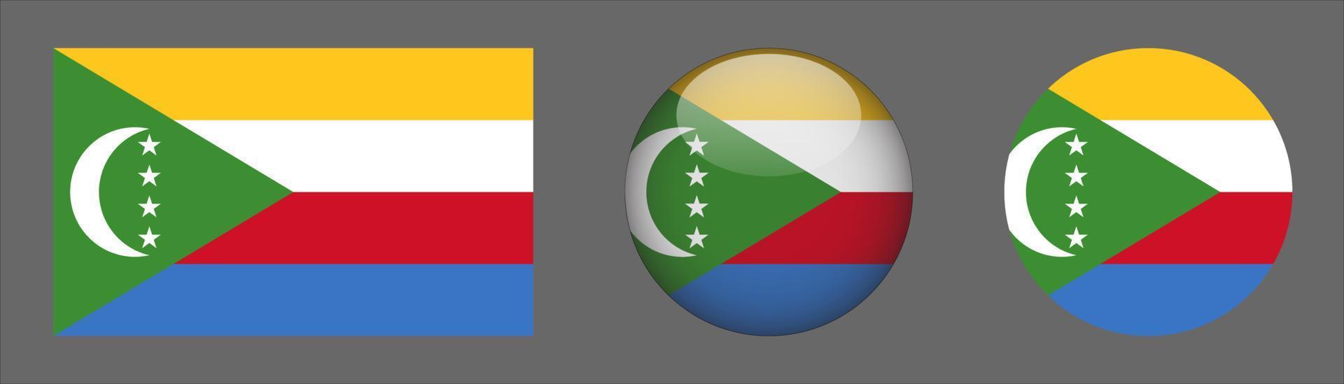 coleção de conjunto de bandeiras de comores, proporção de tamanho original, 3D arredondado e plano arredondado vetor