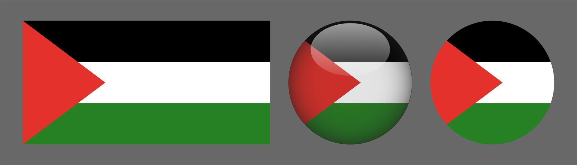 coleção do conjunto da bandeira da Palestina, proporção do tamanho original, 3d arredondado e plano arredondado. vetor
