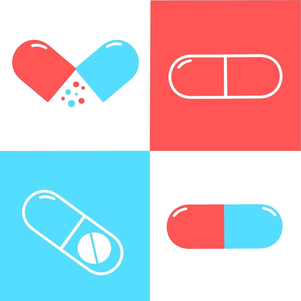 ícones de comprimidos médicos definidos no fundo branco, azul e vermelho. medicamento, farmácia, hospital, conjunto de drogas. medicação, conceito farmacêutico. ilustração vetorial. drogas ícones plana comprimidos, cápsulas. vetor