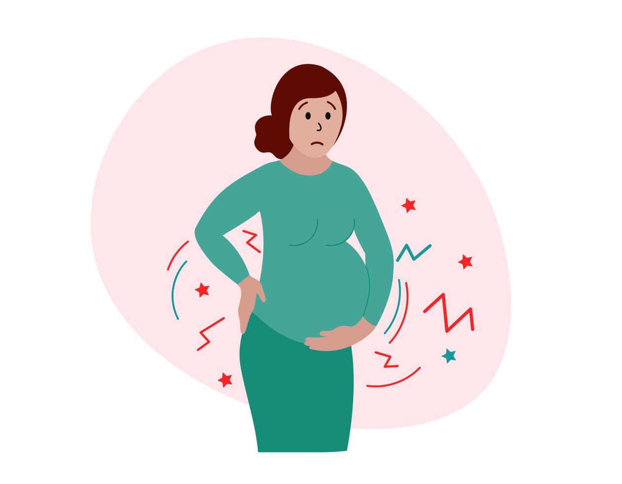 contrações de parto. mulher grávida com dores de parto. contrações reais ou falsas. cãibra de parto. ilustração vetorial vetor