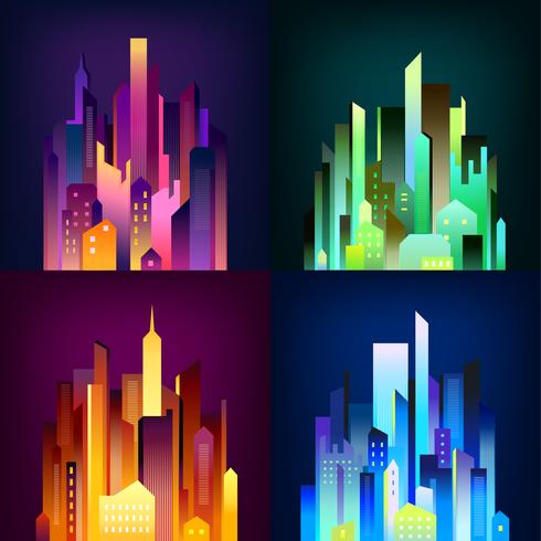 Cidade da noite iluminada 4 ícones Poster vetor