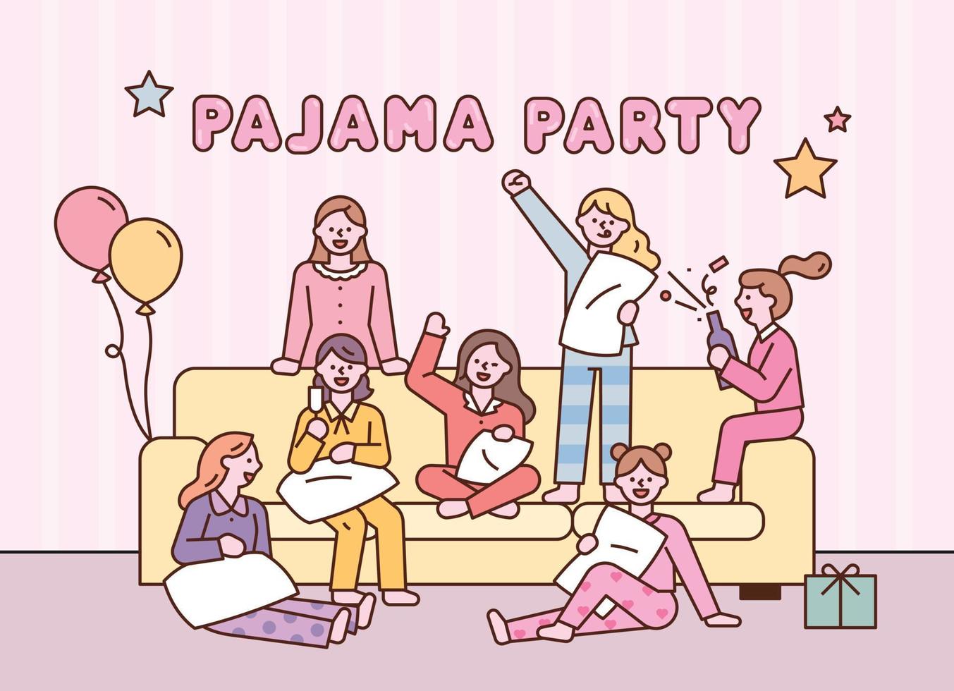 lindas meninas estão dando uma festa do pijama enquanto estão sentadas ao redor do sofá. vetor