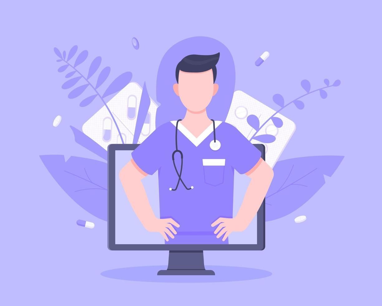 conceito de serviço médico médico on-line com o médico na ilustração vetorial de tela de monitor. Consulta na web sobre telemedicina para exames de saúde de pacientes e uso de pílulas de prescrição de medicamentos. vetor