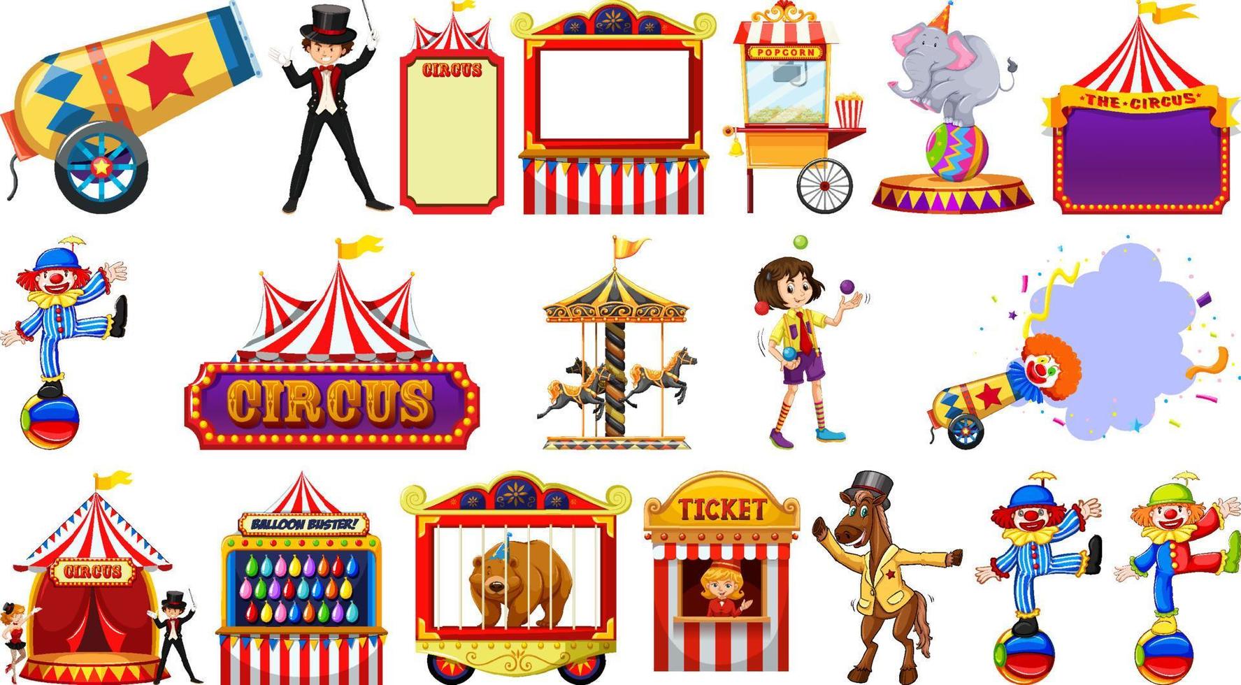 conjunto de personagens de circo e elementos de parque de diversões vetor