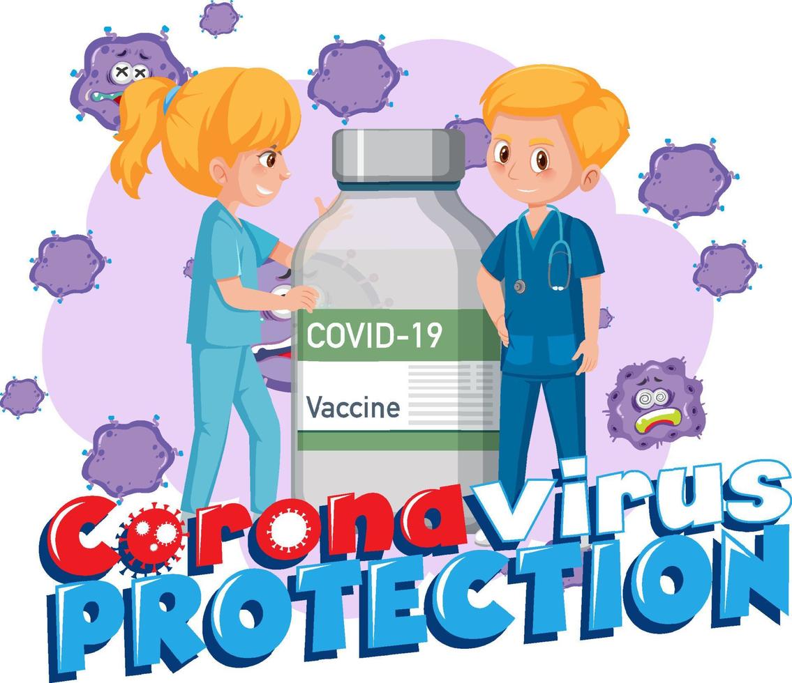 proteção contra coronavírus com personagem de desenho animado médico e frasco de vacina vetor