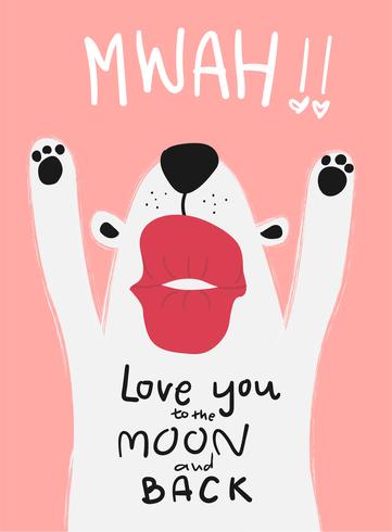 cartão de amor cão branco com grande beijo mwah vetor