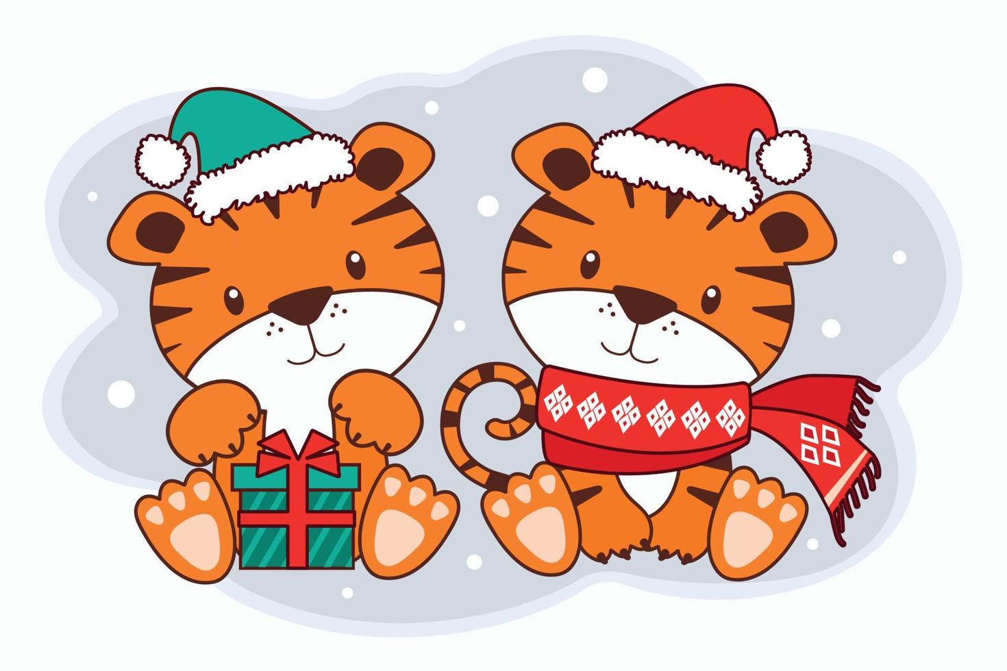 Vector tigres fofos em um chapéu de Natal ideia de personagens de animais para crianças e bebês para impressão e camisetas, moletom com capuz, pijama, cartões comemorativos, arte de parede infantil