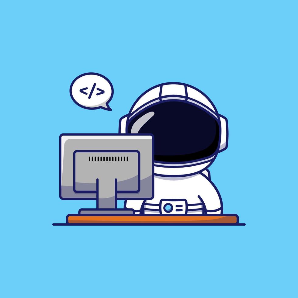 astronauta fofo trabalhando na frente de seu computador vetor