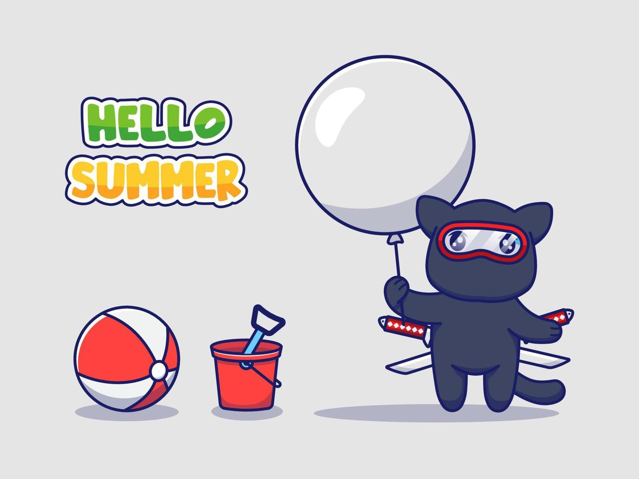 gato ninja fofo com banner de saudação de verão vetor