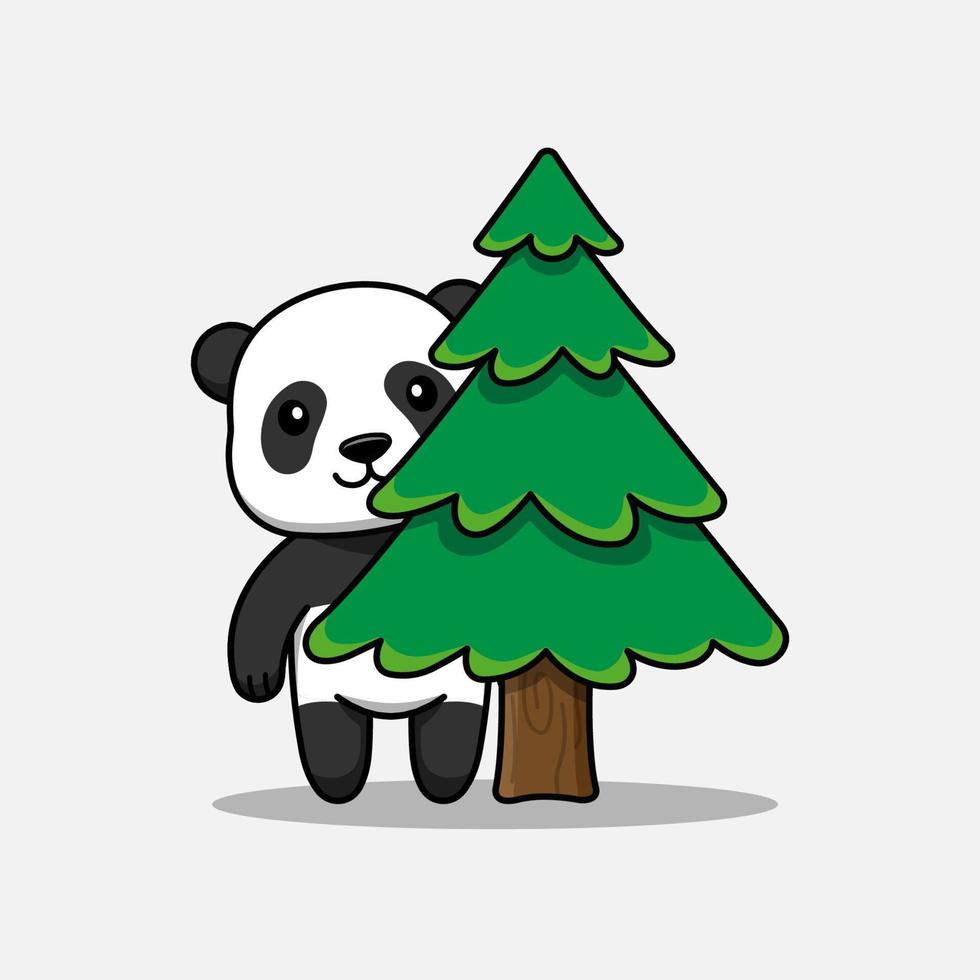 panda fofo se escondendo atrás de uma árvore vetor