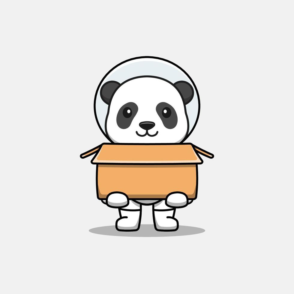 panda fofo vestindo terno de astronauta carregando papelão vetor