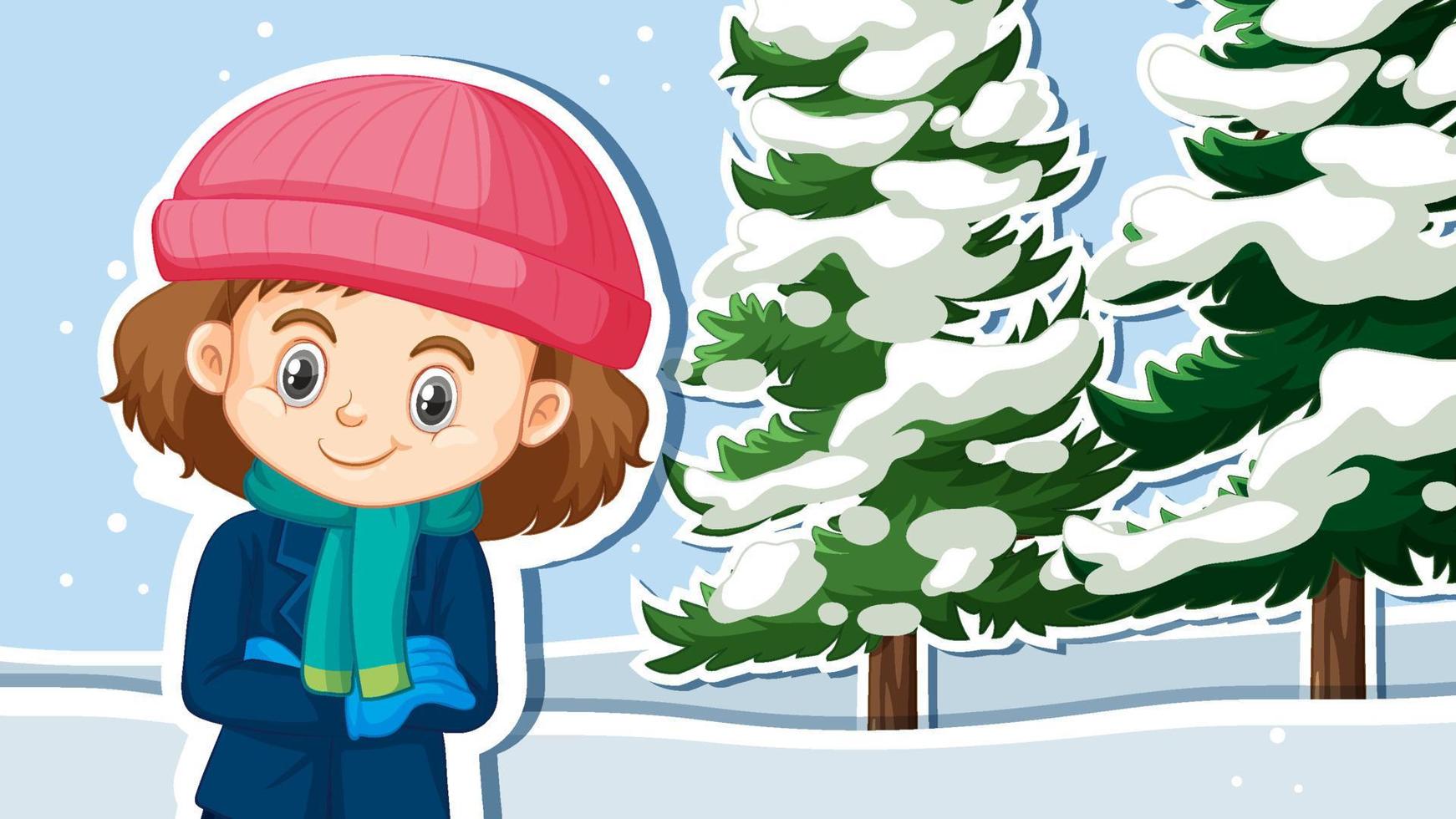 desenho de miniatura com uma garota usando roupas de inverno e um pinheiro coberto de neve vetor