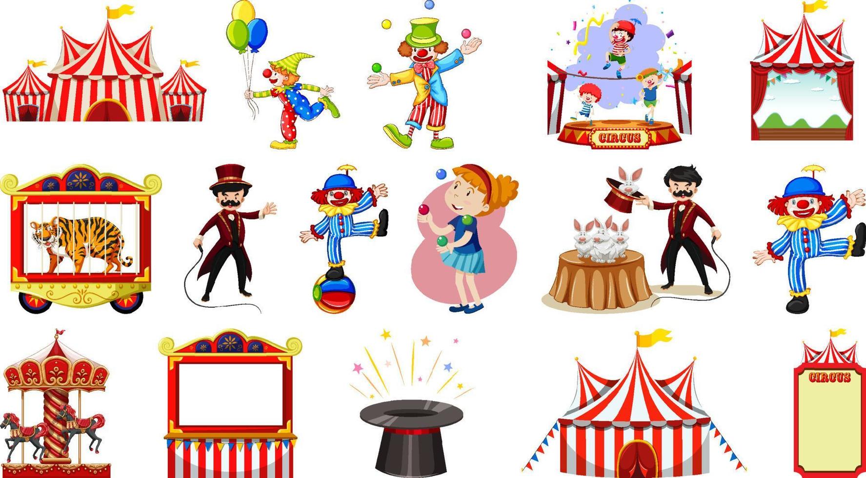 conjunto de personagens de circo e elementos de parque de diversões vetor