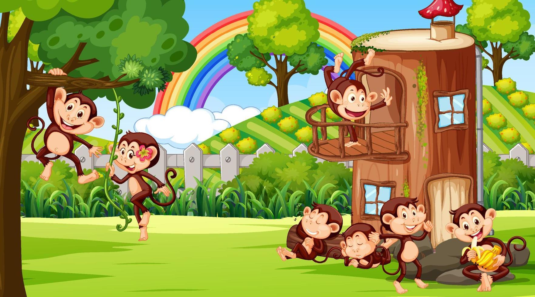 cena ao ar livre com casa na árvore e muitos macacos vetor