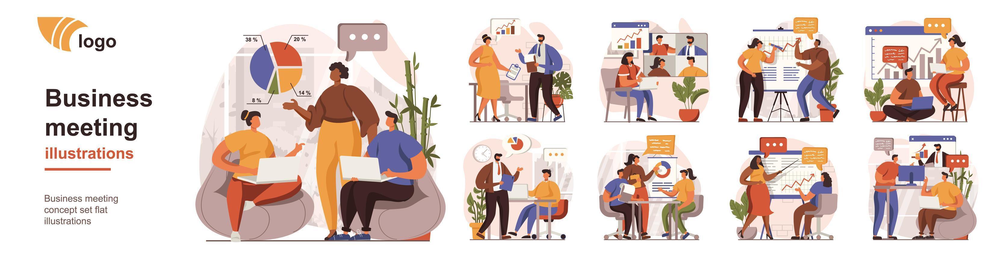 situações de pessoa isolada de conceito de reunião de negócios. coleção de cenas com pessoas que os funcionários discutem, fazem relatórios, brainstorm, gerenciamento, trabalho em equipe. mega conjunto. ilustração vetorial em design plano vetor