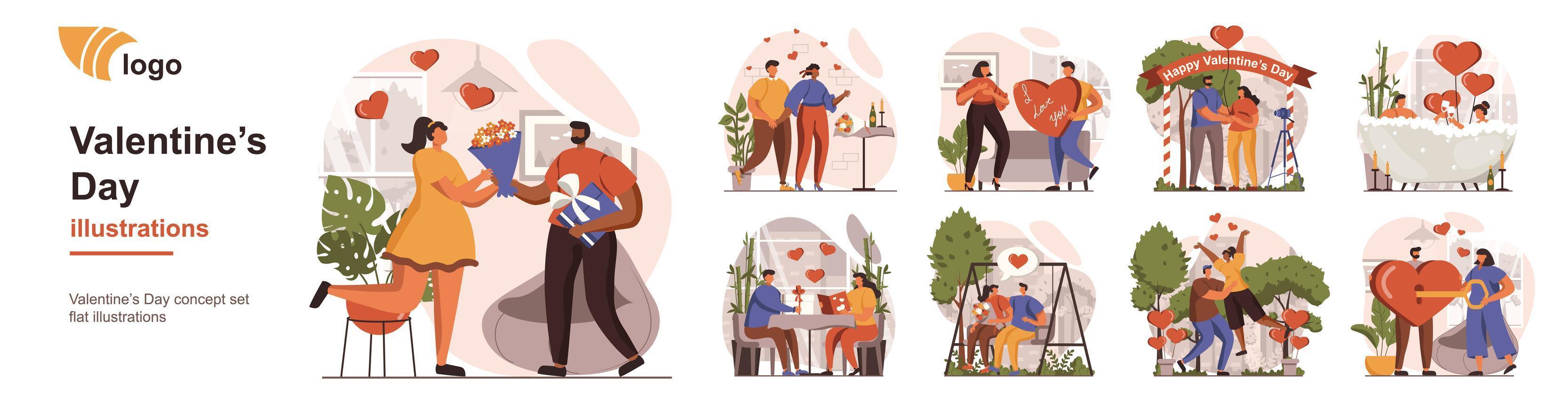 situações de pessoa isolada de conceito de dia dos namorados. coleção de cenas com pessoas celebrando férias românticas, casais em namoro, relacionamento amoroso. mega conjunto. ilustração vetorial em design plano vetor