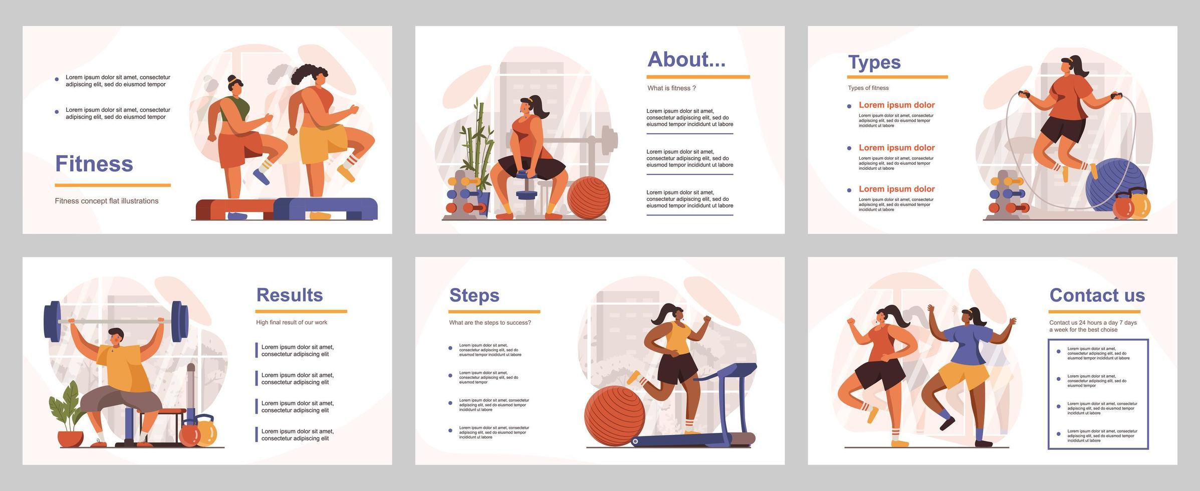 fitness no conceito de ginásio para modelo de slide de apresentação. pessoas fazendo aeróbica ou levantamento de peso, exercícios em simuladores, corrida, pular corda. ilustração vetorial com pessoas planas para design de layout vetor