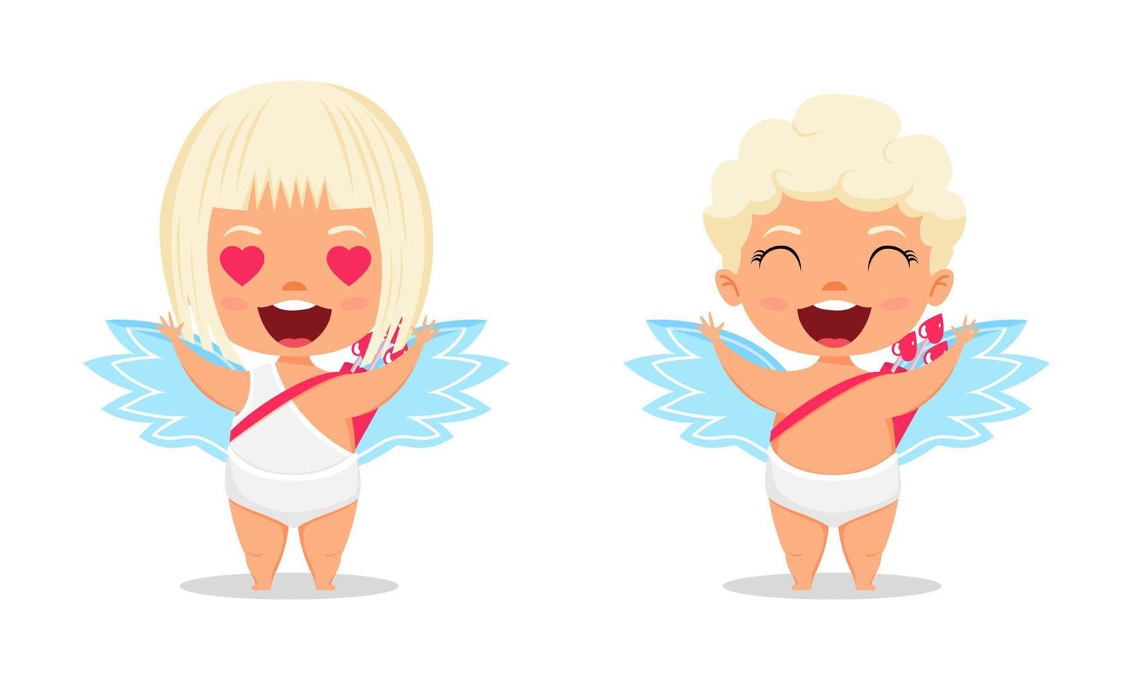 felizes fofinhos cupidos personagens com asas e posando com uma flecha com uma expressão alegre, isolado no fundo branco vetor