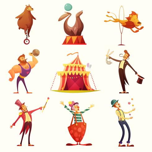 Conjunto de desenhos animados de ícones retrô de circo vetor