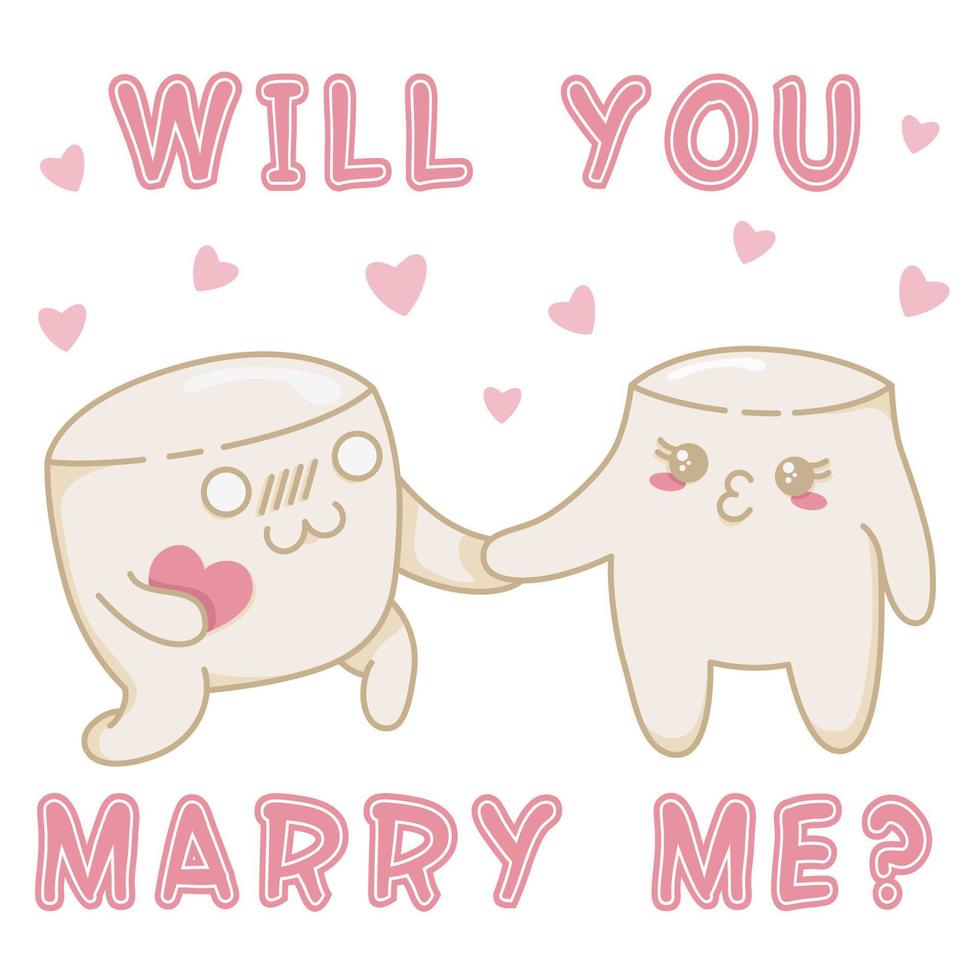 marshmallow kawaii fofo com um coração na mão faz uma proposta de casamento para sua senhora marshmallow, personagens do marshmallow kawaii em estilo simples, cartões postais desenhados à mão para expressar seus sentimentos vetor