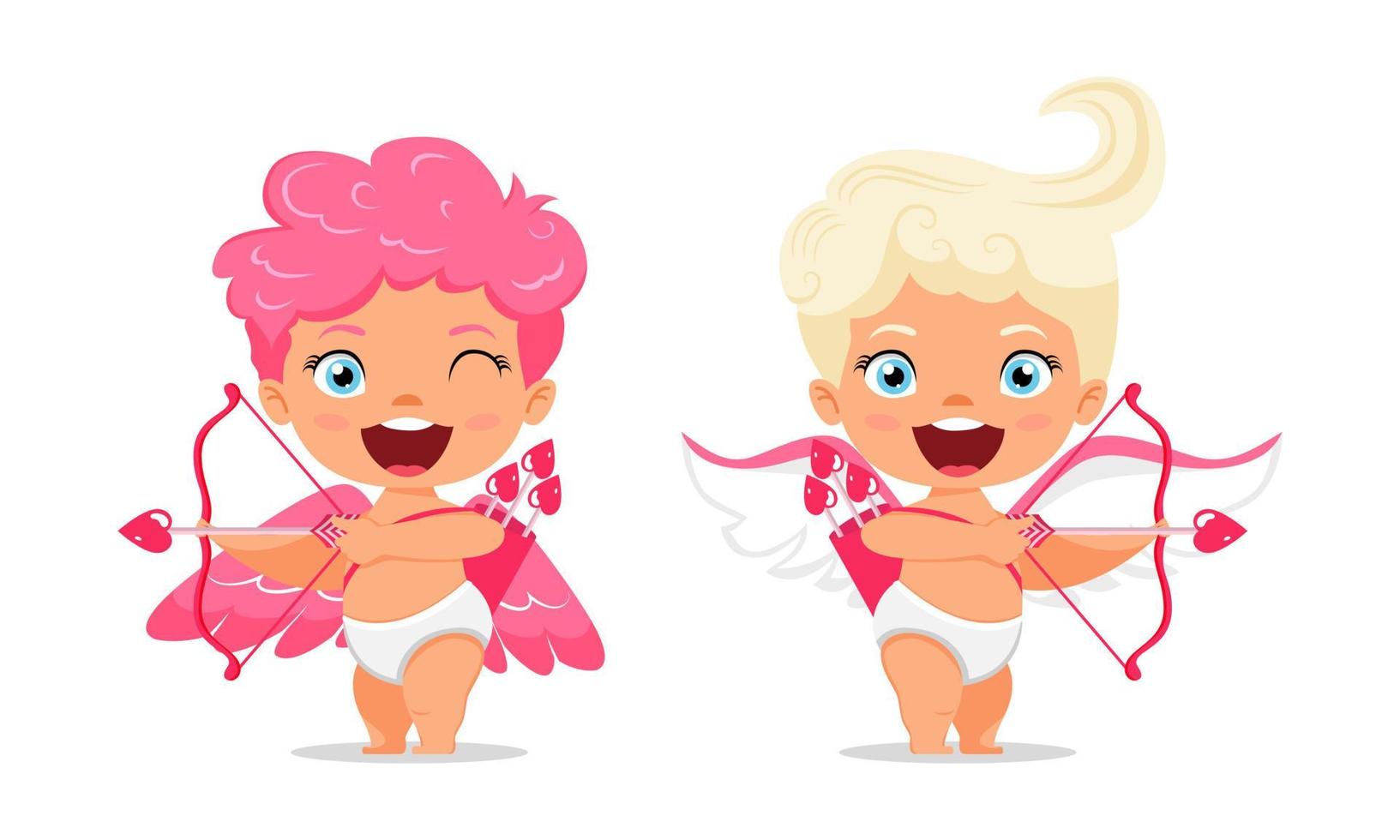 felizes fofinhos cupidos personagens com asas e em pé na direção oposta e posando com uma seta e apontando com uma expressão alegre isolada vetor