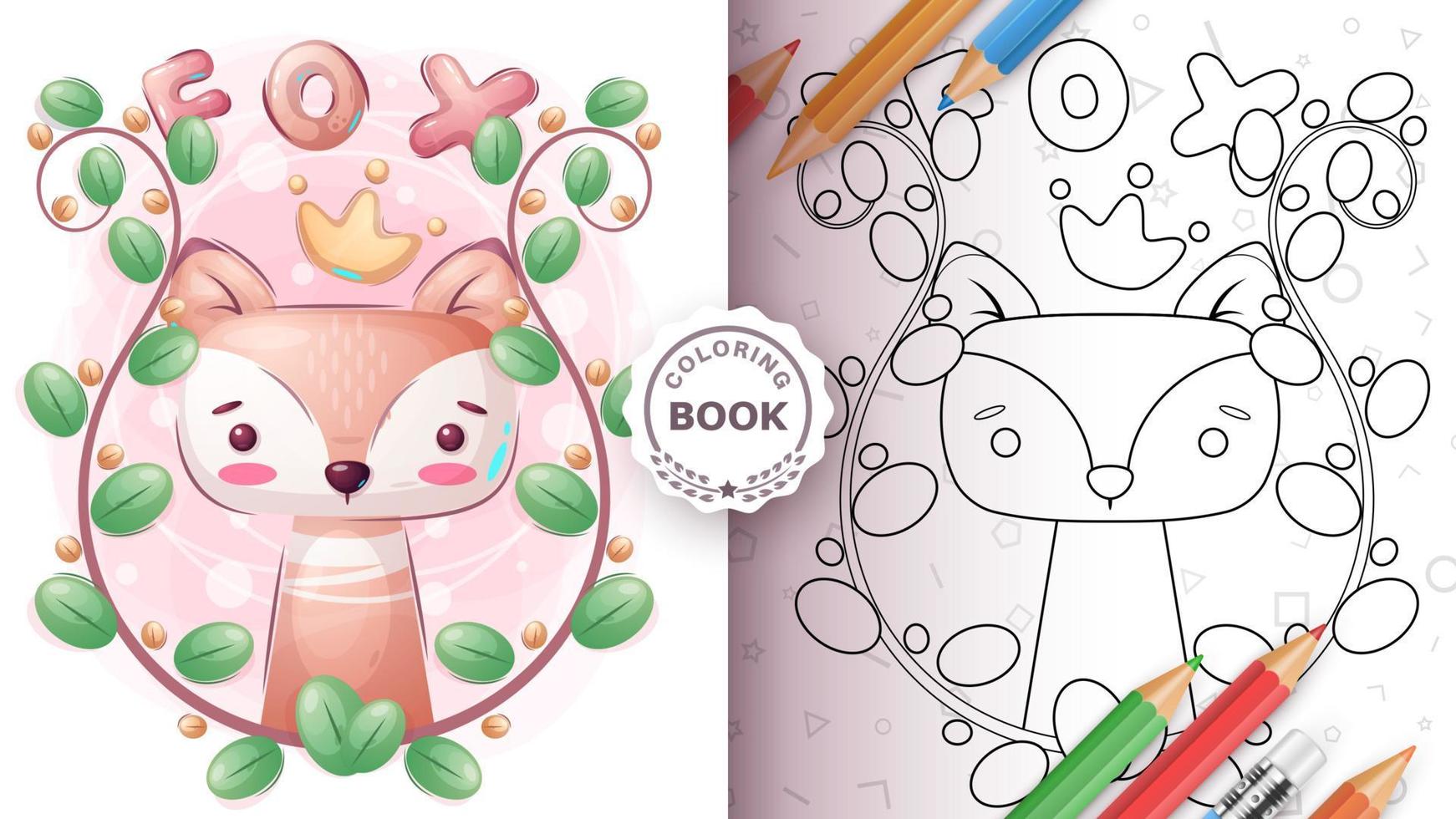 raposa animal fofa na folha - livro para colorir vetor