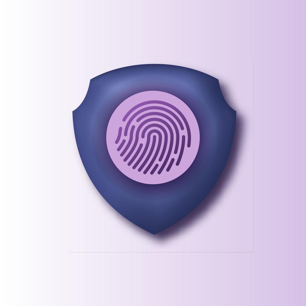 Ícone 3D do sistema de sinal de privacidade de identidade de proteção de dados de escudo com padrão biométrico de impressão digital. firewall de segurança de dados vetor