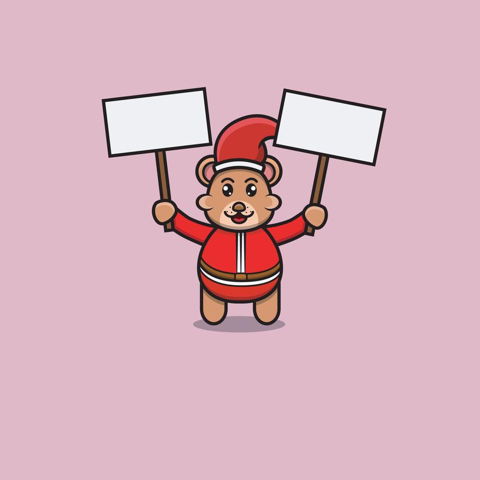 bebê fofo urso com fantasia de Papai Noel e traz dois banner. design de personagem, logotipo, ícone, desenho animado e inspiração. vetor