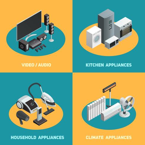 Eletrodomésticos 4 isométrica ícones quadrados vetor