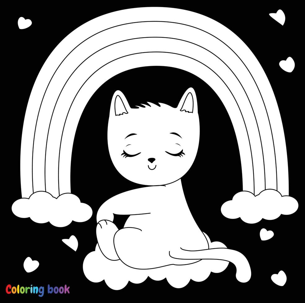 lindo gatinho sentado na nuvem com o arco-íris. ilustração em vetor preto e branco para livro de colorir