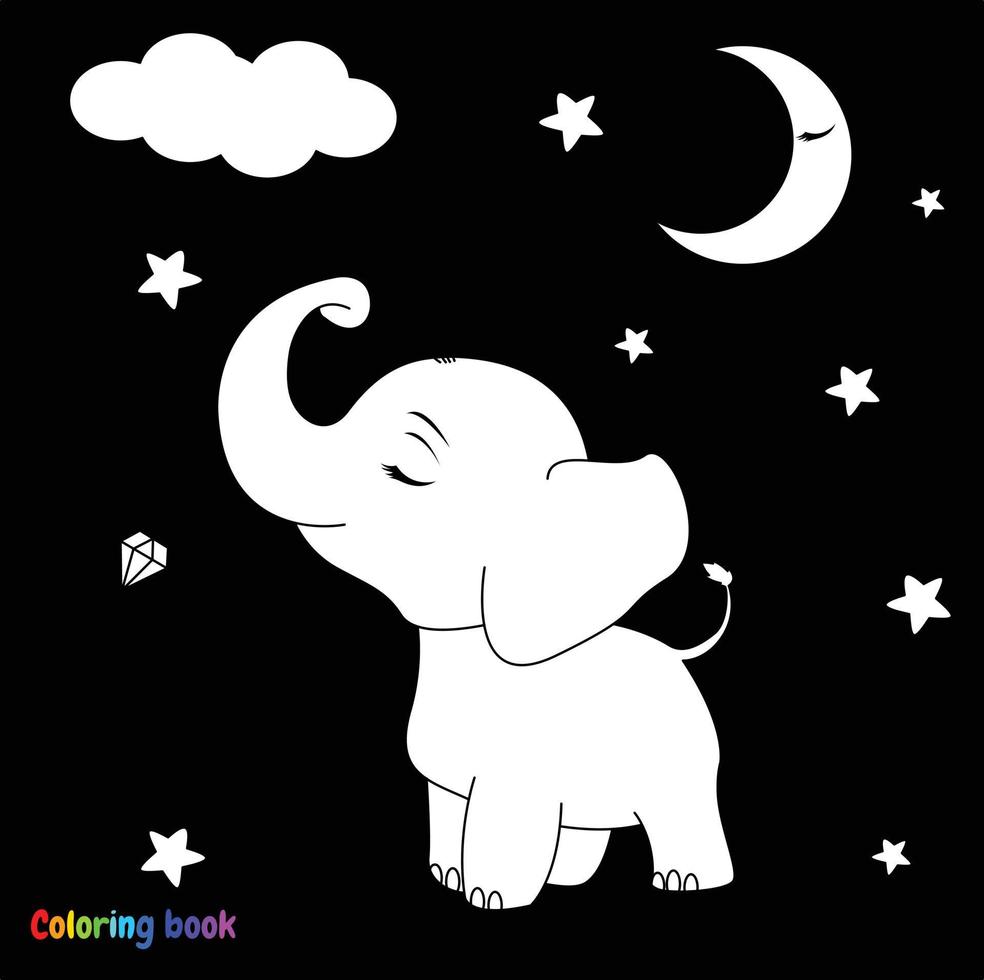 elefante bebê bonito dos desenhos animados alcançar a estrela. ilustração em vetor preto e branco para livro de colorir