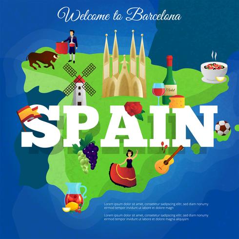 Poster de composição de símbolos plana de viagens de Espanha vetor