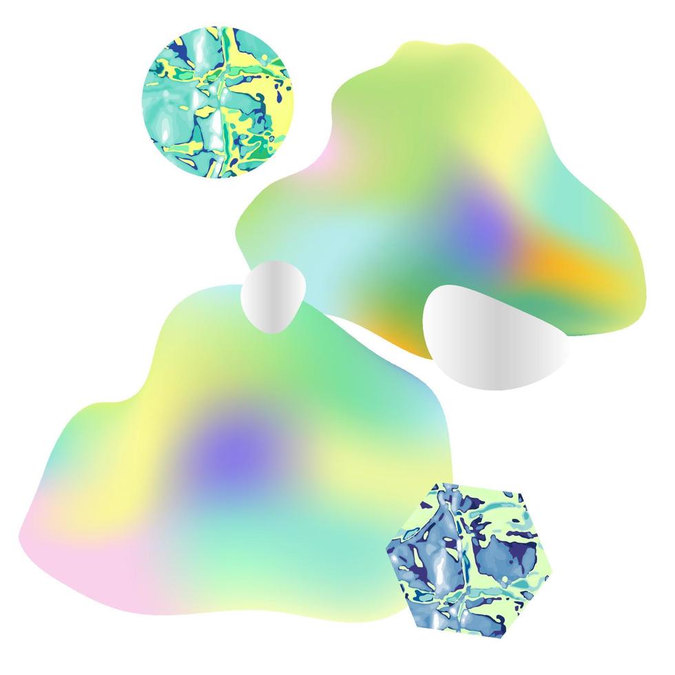cartão geométrico abstrato colorido com líquido holográfico, composição geométrica - círculo, hexágono, formas desiguais isoladas no fundo branco. vetor