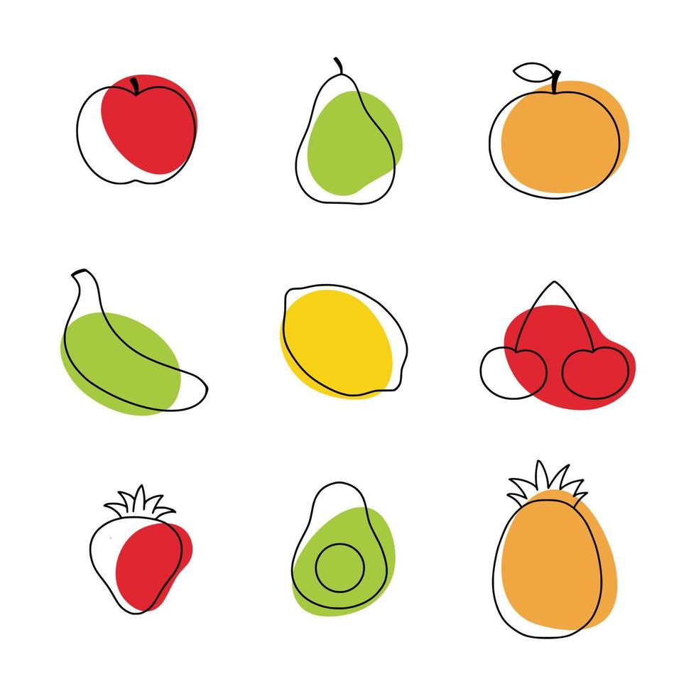 frutas e bagas no estilo de doodle. um desenho linear com frutas saudáveis. vetor