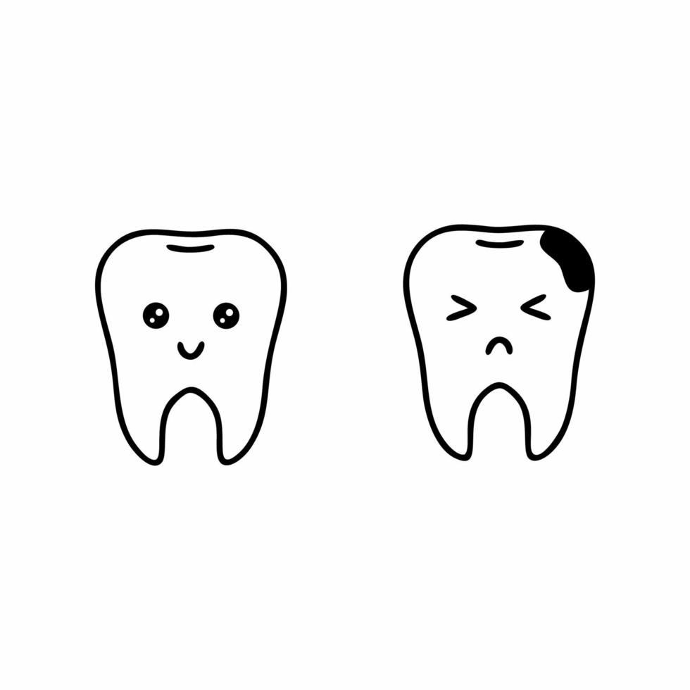 dois dentes com rostos bonitos. um dente saudável e cáries. vetor definido no tópico de higiene e higiene bucal. ilustração para uma clínica dentária.