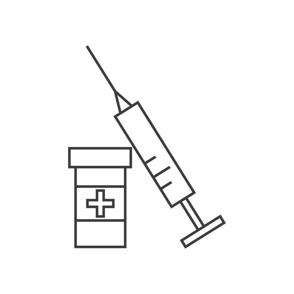 proteção contra o vírus. seringa e frasco de vacina, ilustração vetorial de contorno. vetor