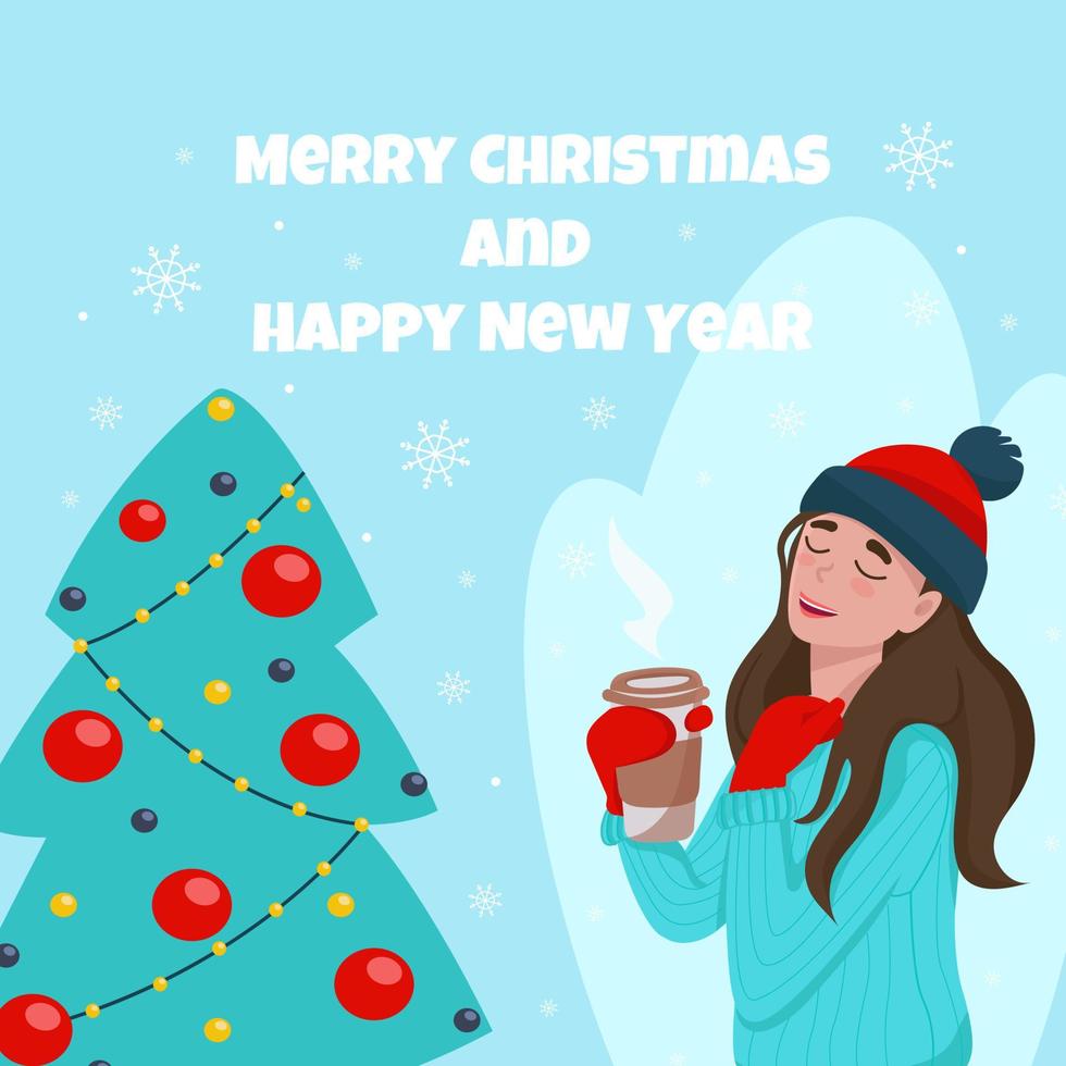 cartão de feliz Natal e ano novo. ilustração vetorial em estilo simples. garota perto da árvore de natal vetor