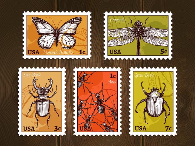 Selos postais com esboço de insetos vetor