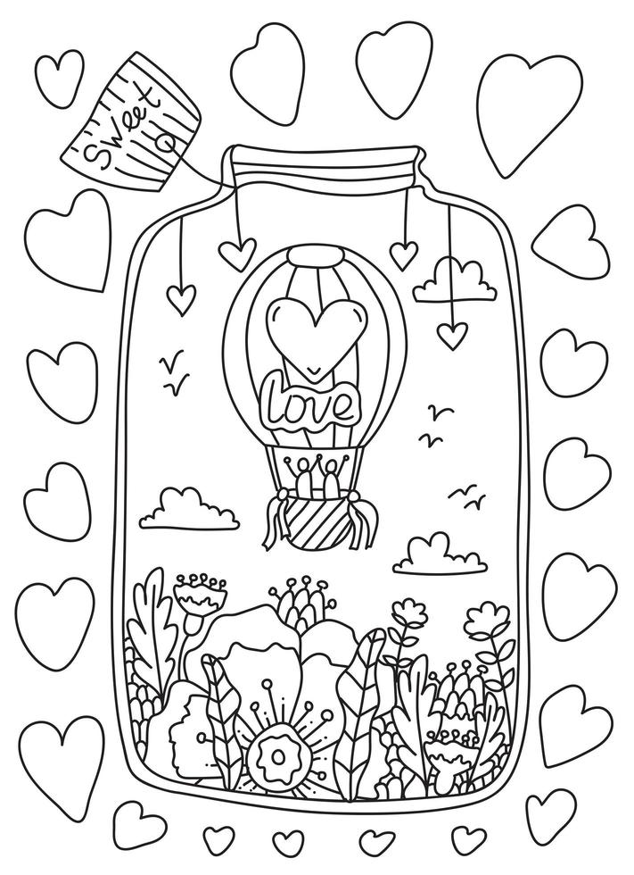 página do livro para colorir do doodle do dia dos namorados. frasco de vidro com um casal apaixonado voando em um balão de ar quente sobre flores e corações fantásticos. vetor linhas arte design anti-stress para adultos e crianças